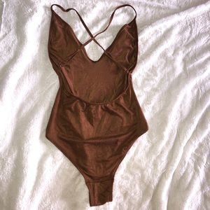 Planet Blue brown suede v neck cross back strap bodysuit